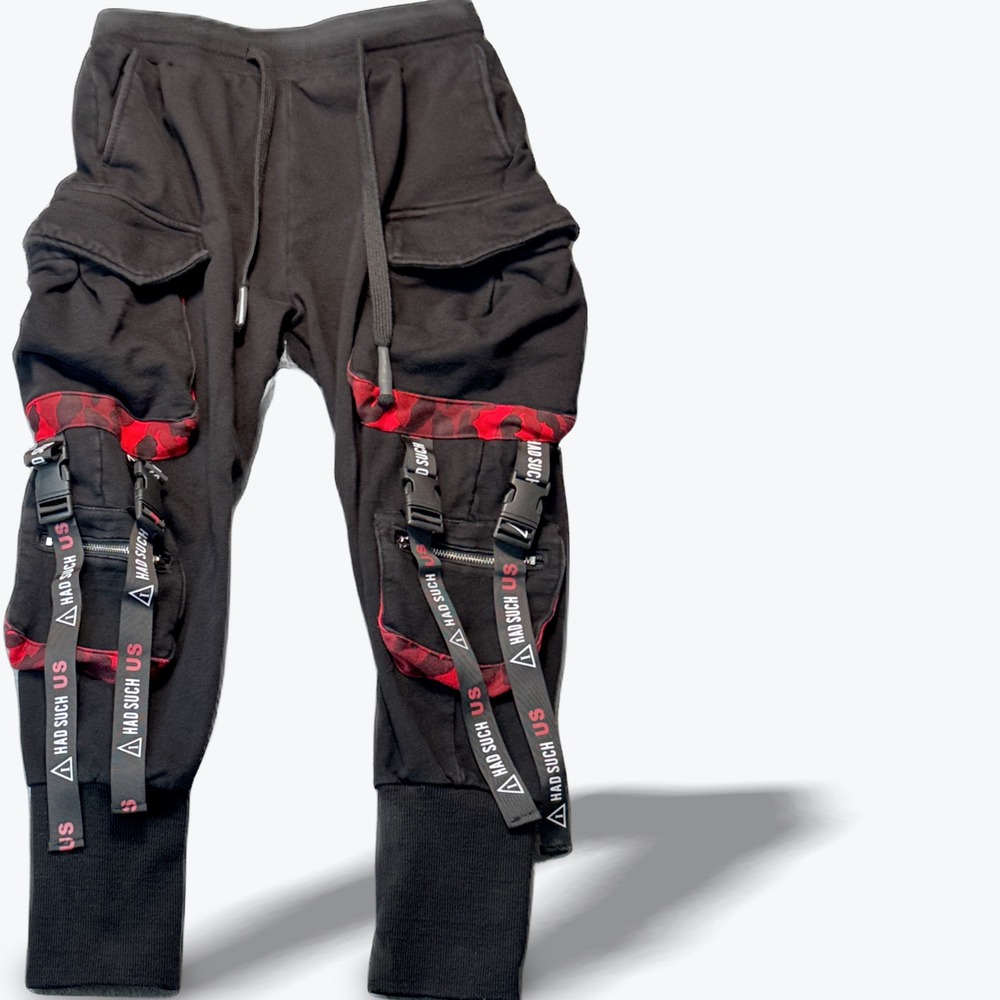 Tunnel Chase Techwear Cargo Joggers Harajuku‎ Black Red Camo Buckle Straps Small